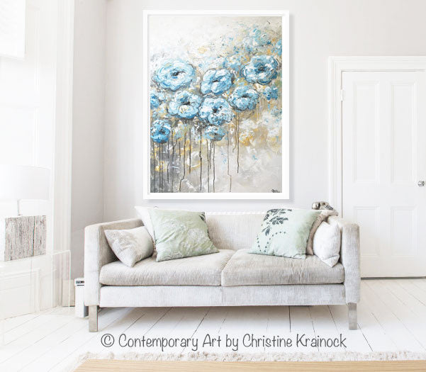 ORIGINAL Art Abstract Blue White Floral Painting Flowers LARGE Coastal Grey Gold - Christine Krainock Art - Contemporary Art by Christine - 7