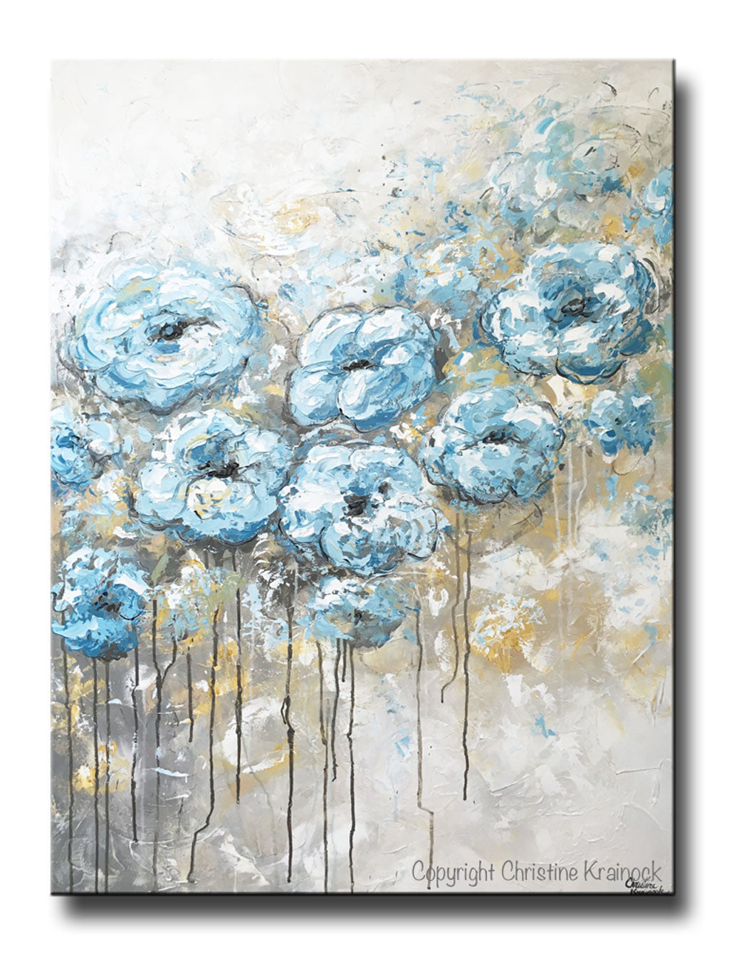 ORIGINAL Art Abstract Blue White Floral Painting Flowers LARGE Coastal Grey Gold - Christine Krainock Art - Contemporary Art by Christine - 1