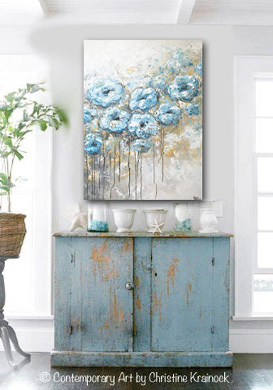 Load image into Gallery viewer, ORIGINAL Art Abstract Blue White Floral Painting Flowers LARGE Coastal Grey Gold - Christine Krainock Art - Contemporary Art by Christine - 2
