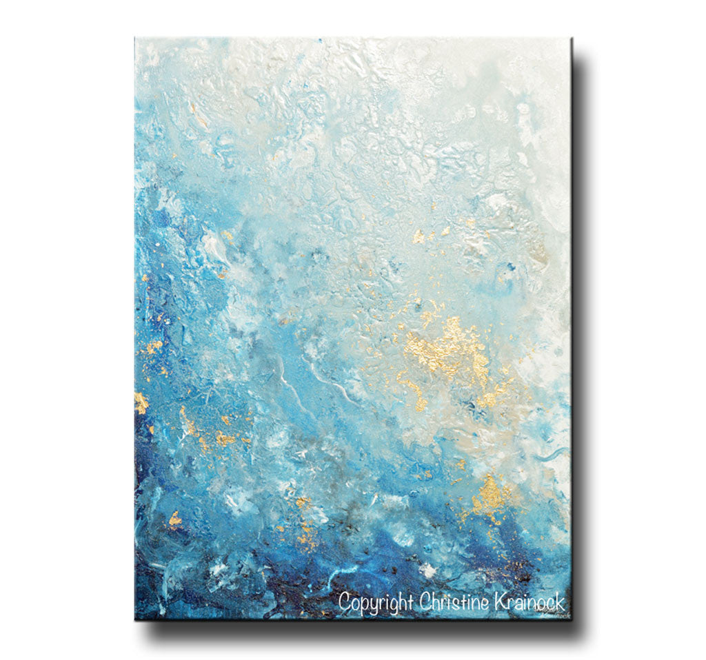 ORIGINAL Art Modern Blue Abstract Painting Navy White Grey Gold Leaf C ...
