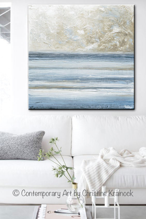 Load image into Gallery viewer, ORIGINAL Art Abstract Blue White Painting Textured Canvas Coastal Blue Grey Beige LARGE Wall Art Decor - Christine Krainock Art - Contemporary Art by Christine - 2
