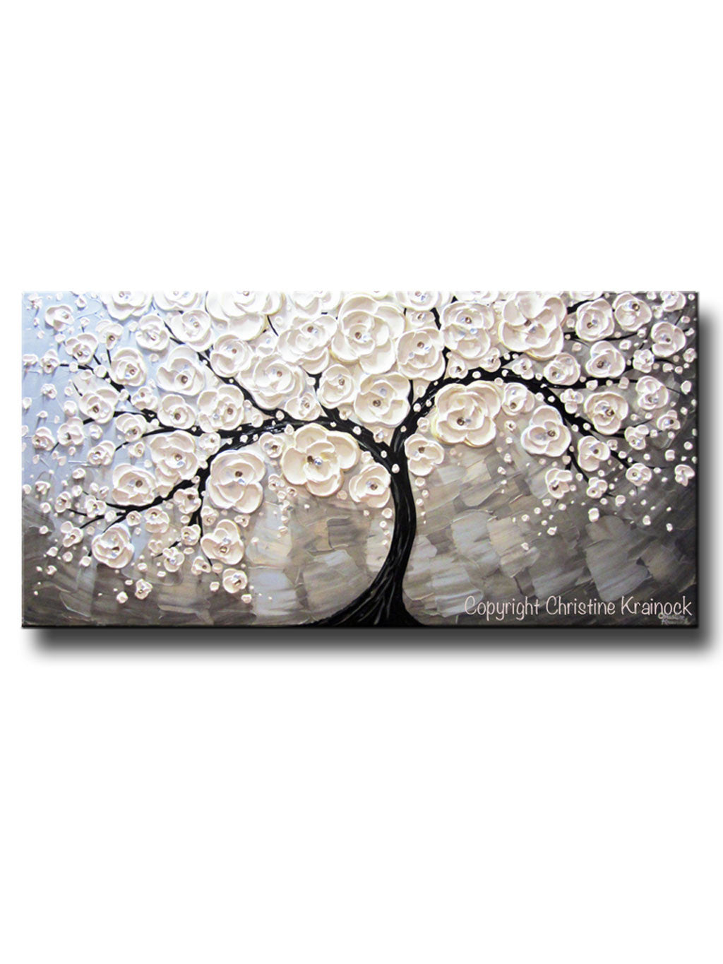 ORIGINAL Art Abstract Painting White Cherry Tree Blossoms Flowers Textured Blue Grey - Christine Krainock Art - Contemporary Art by Christine - 1