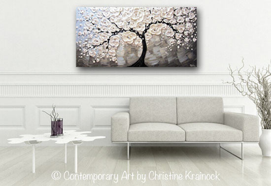 Load image into Gallery viewer, ORIGINAL Art Abstract Painting White Cherry Tree Blossoms Flowers Textured Blue Grey - Christine Krainock Art - Contemporary Art by Christine - 2
