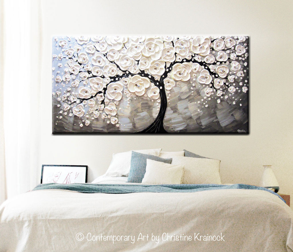 Load image into Gallery viewer, ORIGINAL Art Abstract Painting White Cherry Tree Blossoms Flowers Textured Blue Grey - Christine Krainock Art - Contemporary Art by Christine - 4
