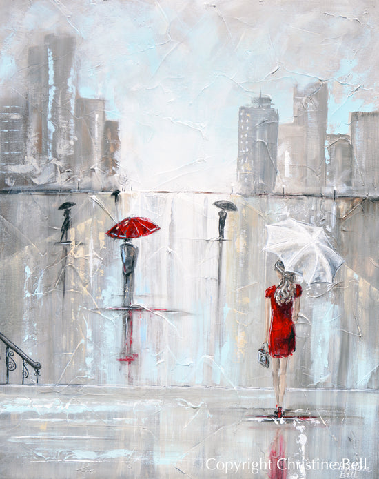 "After the Theater" ORIGINAL Art Abstract Painting Woman with Umbrella Cityscape 24x30"