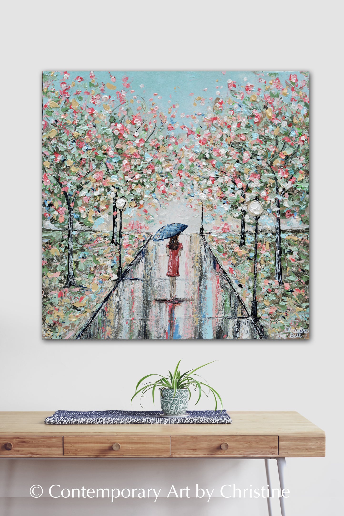 ORIGINAL Art Abstract Painting Girl w Umbrella Trees Landscape Textured Blue Green Pnk Wall Art 24x24"