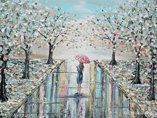Load image into Gallery viewer, GICLEE PRINT &amp;quot;Love the Journey&amp;quot; Art Abstract Painting Woman Umbrella Spring Trees Landscape
