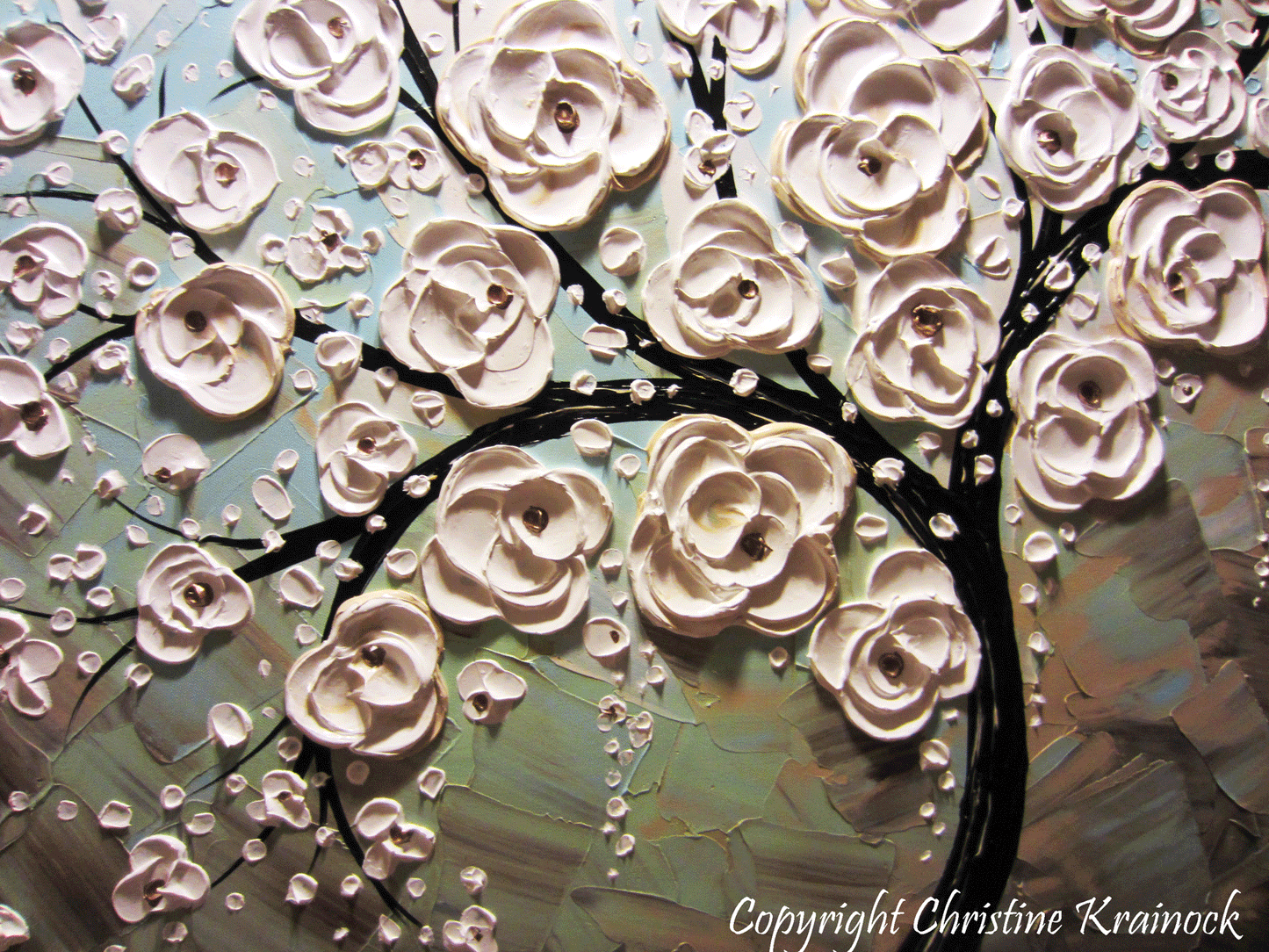 ORIGINAL Art Abstract Painting White Cherry Tree Flowers Blossoms Large Art Textured Blue Grey Taupe - Christine Krainock Art - Contemporary Art by Christine - 3