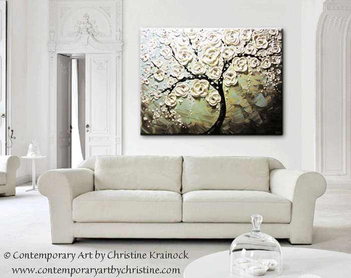 Load image into Gallery viewer, ORIGINAL Art Abstract Painting White Cherry Tree Flowers Blossoms Large Art Textured Blue Grey Taupe - Christine Krainock Art - Contemporary Art by Christine - 2
