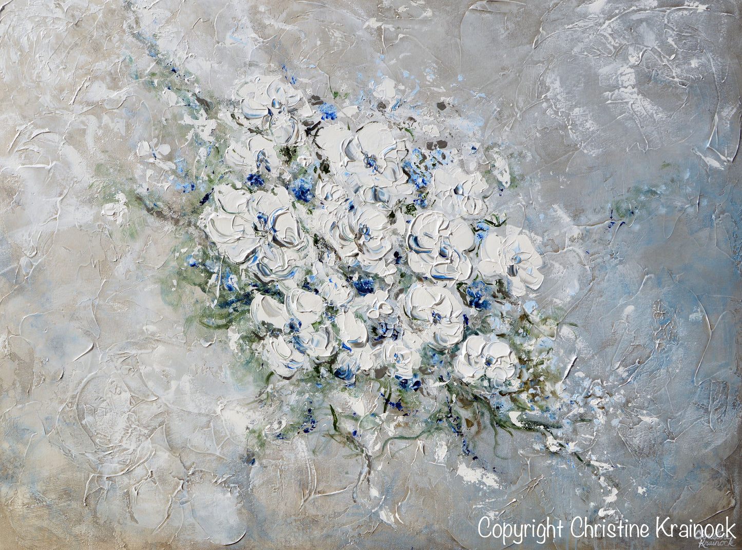 ORIGINAL Art Abstract Floral Painting White Flowers Bouquet Coastal Grey Blue Wall Art - Christine Krainock Art - Contemporary Art by Christine - 7