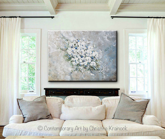 ORIGINAL Art Abstract Floral Painting White Flowers Bouquet Coastal Grey Blue Wall Art - Christine Krainock Art - Contemporary Art by Christine - 4