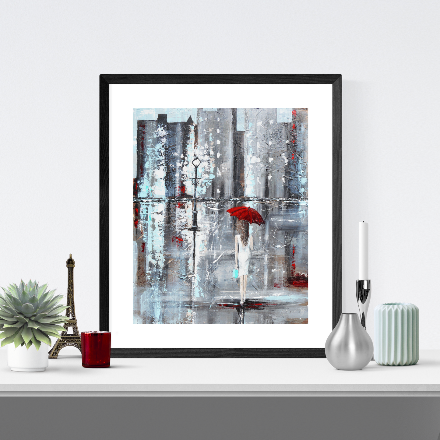 "A Trip to Tiffanys" LIMITED EDITION, MATTED & FRAMED PRINT by Artist Giclee Print Figurative Painting Girl Red Umbrella 16x20"