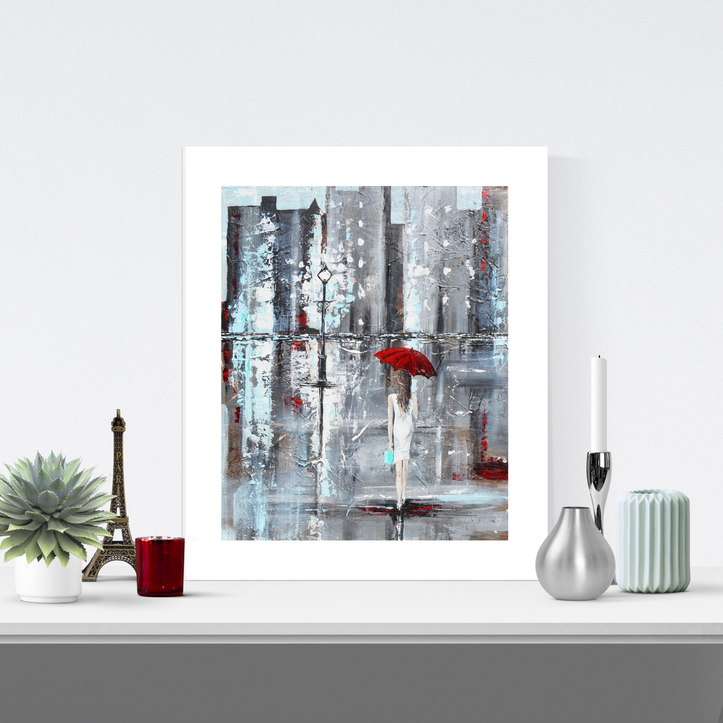 Load image into Gallery viewer, &amp;quot;A Trip to Tiffanys&amp;quot; LIMITED EDITION, MATTED &amp;amp; FRAMED PRINT by Artist Giclee Print Figurative Painting Girl Red Umbrella 16x20&amp;quot;

