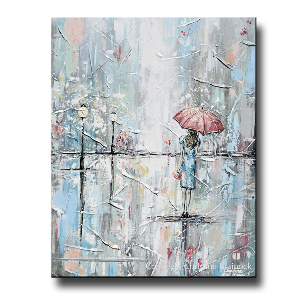 ORIGINAL Art Abstract Painting Girl w Umbrella Walking in Rain Textured Blue Grey White Wall Art Home Decor 24x30"