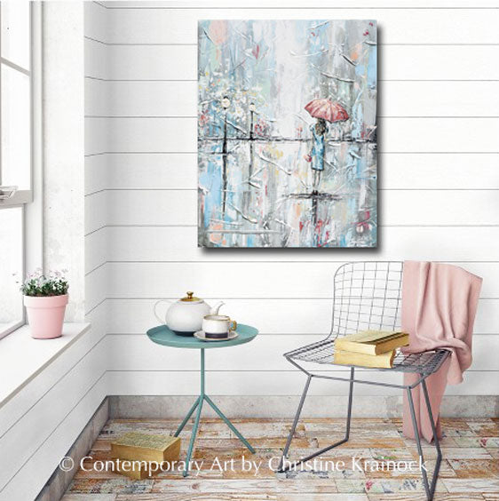 GICLEE PRINT Art Abstract Painting Girl Umbrella Walking Rain Blue Grey White Pink Wall Art Home Decor