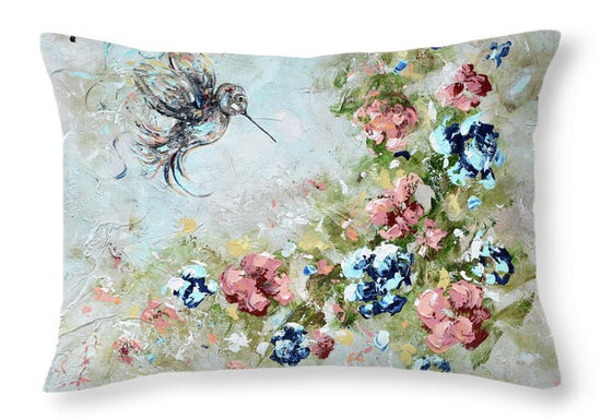 Load image into Gallery viewer, Hummingbird Throw Pillow, Floral Pillow, Nature Home Decor, Blue Pink
