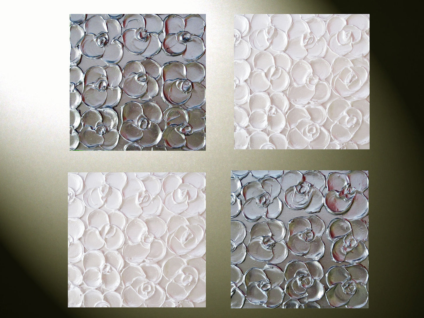 Custom Art Abstract Paintings Metallic Sculpted Wall Decor Set of 4 -12x12 Home Decor Gift Textured Silver Pearl White Flowers MADE TO ORDER - Christine Krainock Art - Contemporary Art by Christine - 1