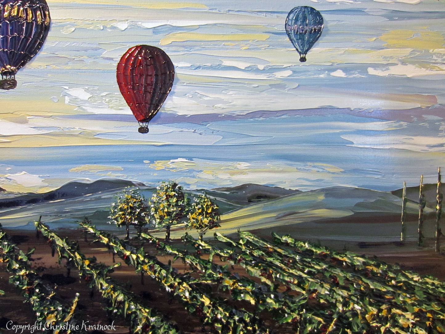 ORIGINAL Art Abstract Vineyard Painting Hot Air Balloons Wine Vineyards Modern Textured Landscape - Christine Krainock Art - Contemporary Art by Christine - 2