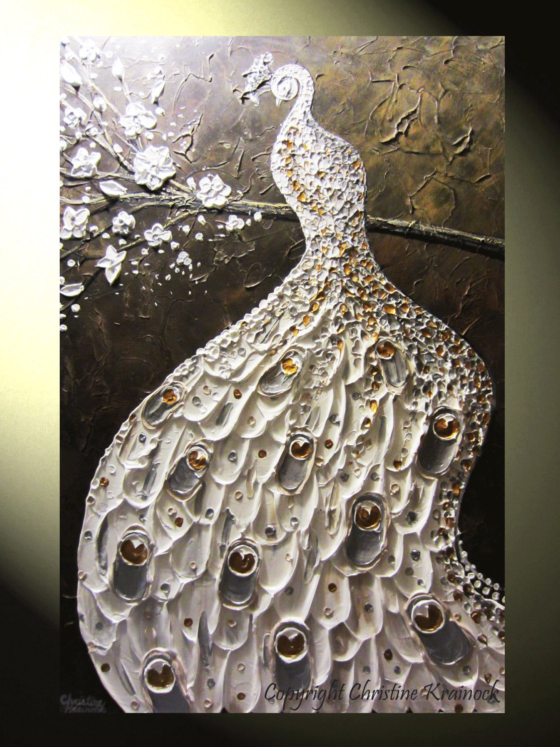 CUSTOM Abstract Peacock Painting White Silver Gold Textured Cherry Blossoms MADE TO ORDER - Christine Krainock Art - Contemporary Art by Christine - 2