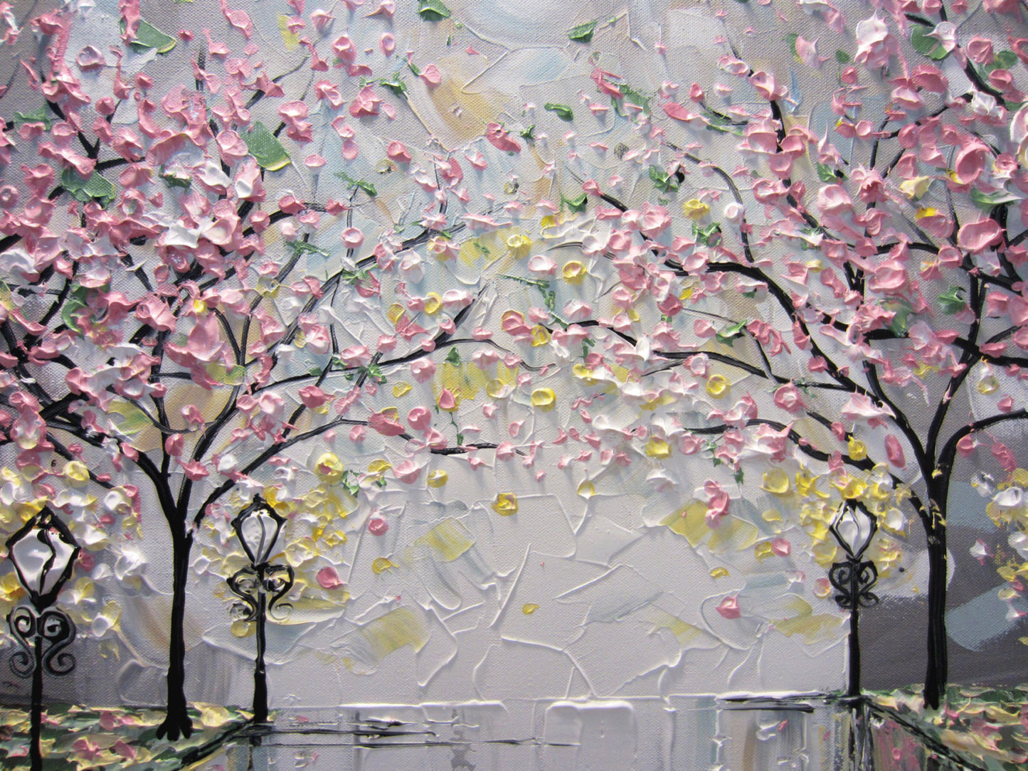 SOLD Original Art Abstract Painting Pink White Cherry Tree Blossoms Park Textured Wall Decor Palette Knife Grey Yellow - Christine - Christine Krainock Art - Contemporary Art by Christine - 4