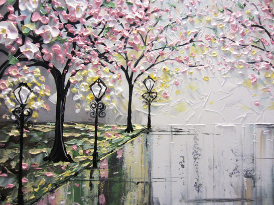 SOLD Original Art Abstract Painting Pink White Cherry Tree Blossoms Park Textured Wall Decor Palette Knife Grey Yellow - Christine - Christine Krainock Art - Contemporary Art by Christine - 3