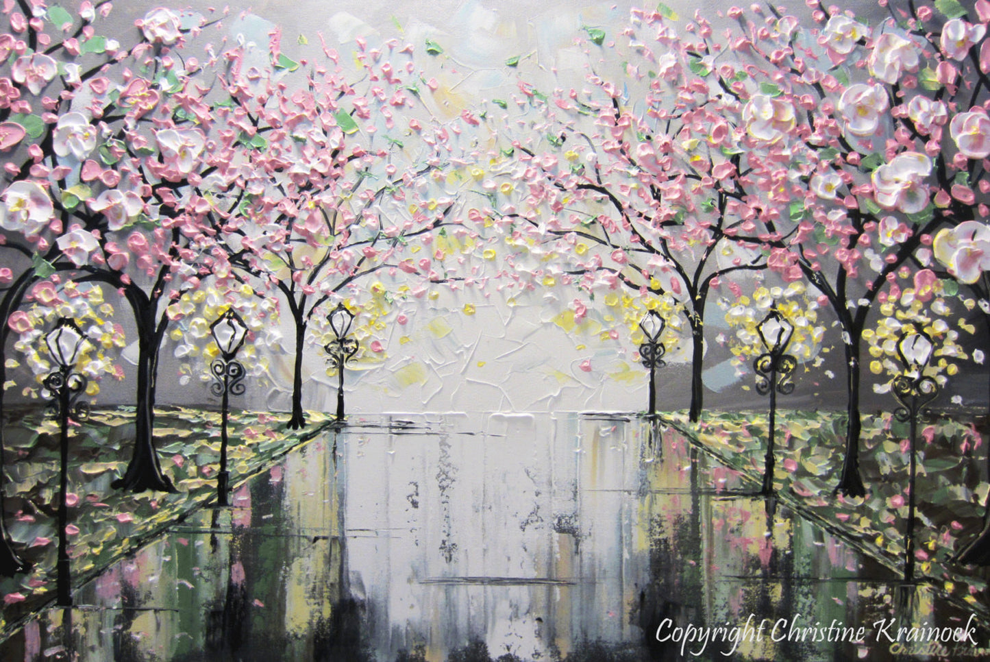 SOLD Original Art Abstract Painting Pink White Cherry Tree Blossoms Park Textured Wall Decor Palette Knife Grey Yellow - Christine - Christine Krainock Art - Contemporary Art by Christine - 2