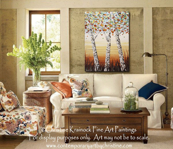 Load image into Gallery viewer, SOLD Original Art Abstract Painting Birch Trees Textured Modern Palette Knife Autumn Tree Landscape Wall Decor White Gold Large  -Christine - Christine Krainock Art - Contemporary Art by Christine - 2
