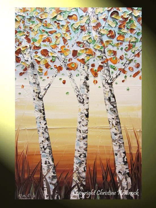 SOLD Original Art Abstract Painting Birch Trees Textured Modern Palette Knife Autumn Tree Landscape Wall Decor White Gold Large  -Christine - Christine Krainock Art - Contemporary Art by Christine - 1