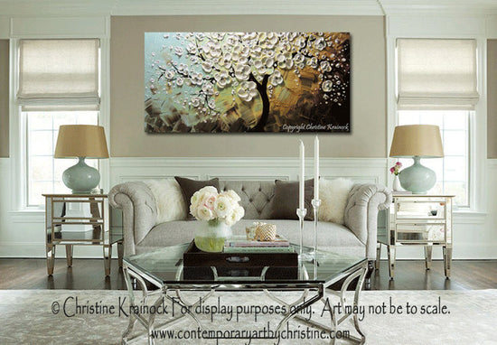 Load image into Gallery viewer, CUSTOM Art Abstract Painting White Cherry Tree Blossoms Flowers Textured Blue Brown Gold - Christine Krainock Art - Contemporary Art by Christine - 2
