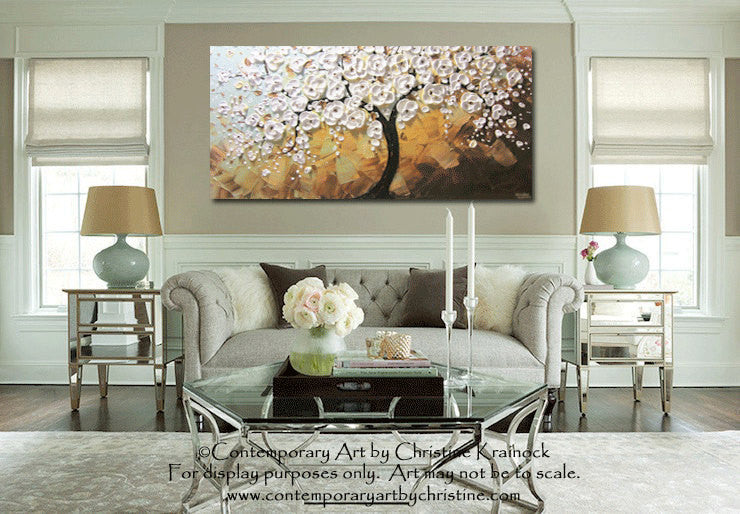 CUSTOM Art Abstract Painting White Cherry Tree Painting Flowers Textured Blue Brown Gold - Christine Krainock Art - Contemporary Art by Christine - 2
