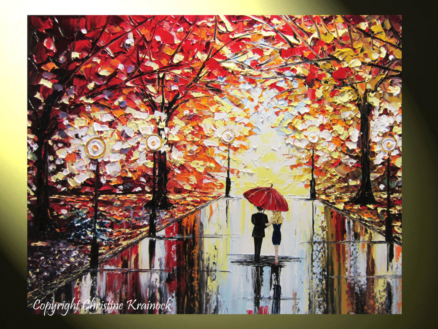 SOLD Original Art Abstract Painting Couple Red Umbrella Trees Rain Modern Landscape Textured Palette Knife Large Summer  -Christine Krainock - Christine Krainock Art - Contemporary Art by Christine - 1