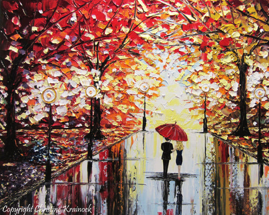 SOLD Original Art Abstract Painting Couple Red Umbrella Trees Rain Modern Landscape Textured Palette Knife Large Summer  -Christine Krainock - Christine Krainock Art - Contemporary Art by Christine - 2