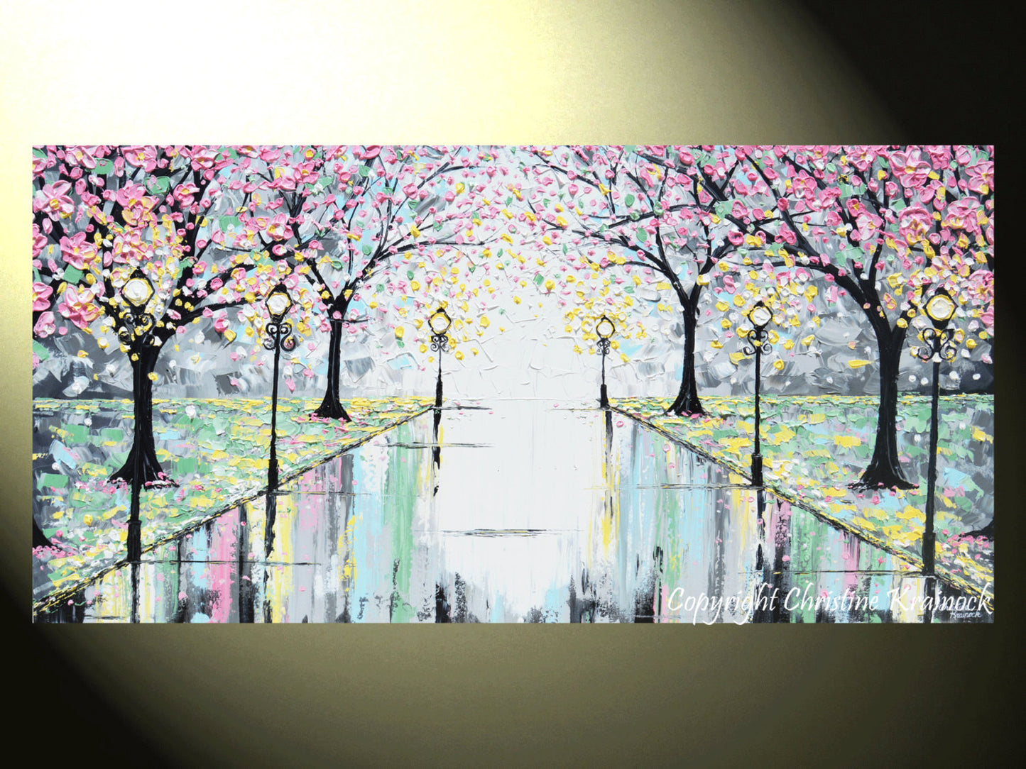 GICLEE PRINT Abstract Art Painting Pink Cherry Trees Canvas Prints Grey Yellow White-sizes up to 60" - Christine Krainock Art - Contemporary Art by Christine - 2