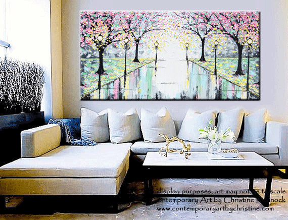 Load image into Gallery viewer, GICLEE PRINT Abstract Art Painting Pink Cherry Trees Canvas Prints Grey Yellow White-sizes up to 60&amp;quot; - Christine Krainock Art - Contemporary Art by Christine - 3
