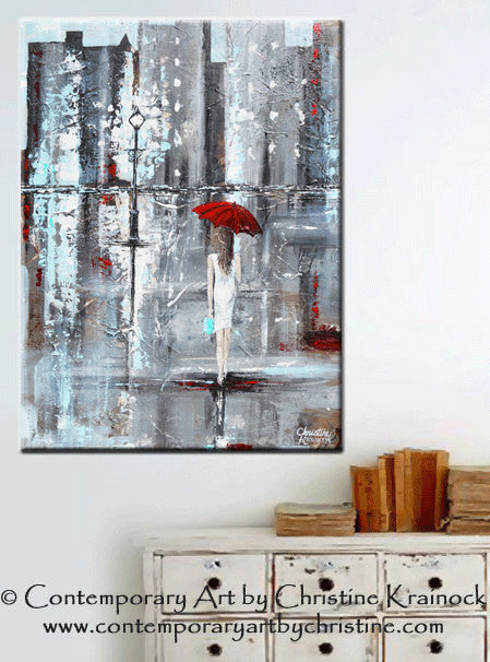 SOLD ORIGINAL Art Abstract Painting Red Umbrella Girl Rain White Grey Modern Textured Urban Tiffany Blue Gift Idea Wall Decor, Christine Krainock - Christine Krainock Art - Contemporary Art by Christine - 2