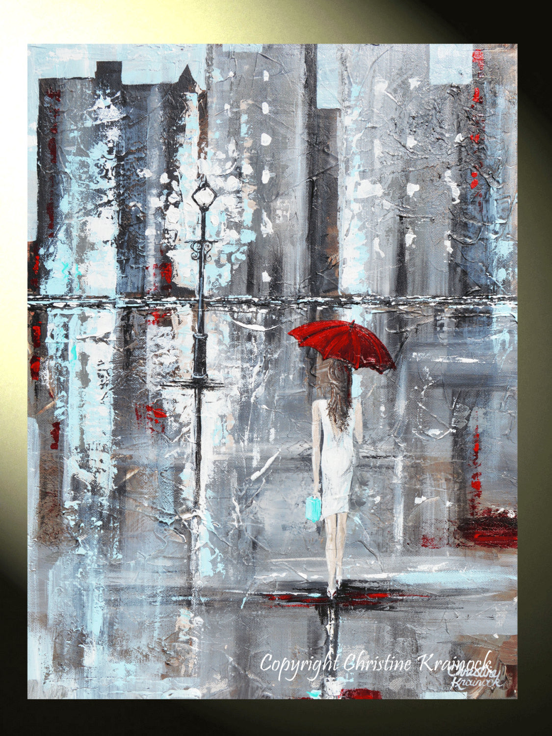 SOLD ORIGINAL Art Abstract Painting Red Umbrella Girl Rain White Grey Modern Textured Urban Tiffany Blue Gift Idea Wall Decor, Christine Krainock - Christine Krainock Art - Contemporary Art by Christine - 3