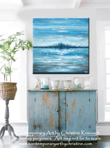 SOLD ORIGINAL Art Abstract Painting Blue Textured Ocean XL Modern Seascape Palette Knife Aqua Brown Grey White Beach Wall Decor  -Christine - Christine Krainock Art - Contemporary Art by Christine - 5