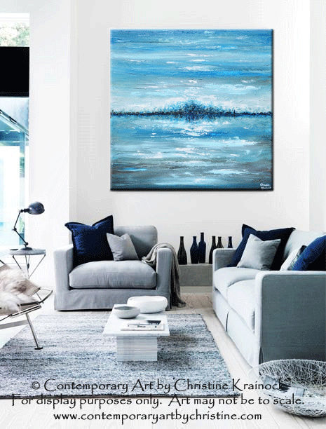 SOLD ORIGINAL Art Abstract Painting Blue Textured Ocean XL Modern Seascape Palette Knife Aqua Brown Grey White Beach Wall Decor  -Christine - Christine Krainock Art - Contemporary Art by Christine - 1