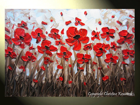 Load image into Gallery viewer, SOLD ORIGINAL Art Abstract Painting Red Poppy Flowers Textured Modern Poppies Palette Knife Blue Brown Floral Large Wall Decor 24x36&amp;quot; -Christine - Christine Krainock Art - Contemporary Art by Christine - 1
