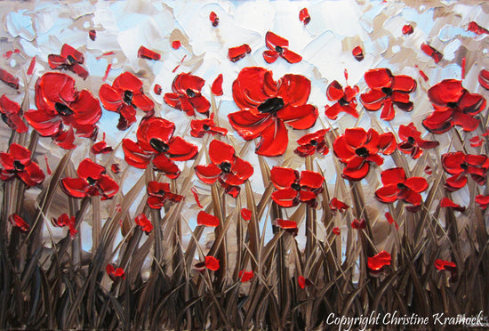 SOLD ORIGINAL Art Abstract Painting Red Poppy Flowers Textured Modern Poppies Palette Knife Blue Brown Floral Large Wall Decor 24x36" -Christine - Christine Krainock Art - Contemporary Art by Christine - 2