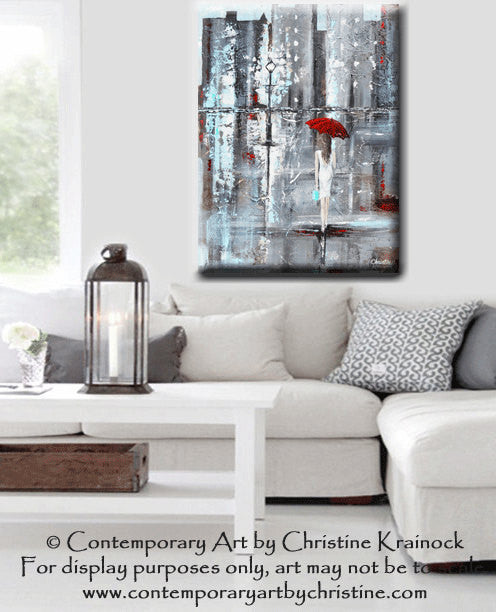Load image into Gallery viewer, GICLEE PRINT Art Abstract Painting Girl Red Umbrella City Canvas Wall Art Decor - Christine Krainock Art - Contemporary Art by Christine - 4
