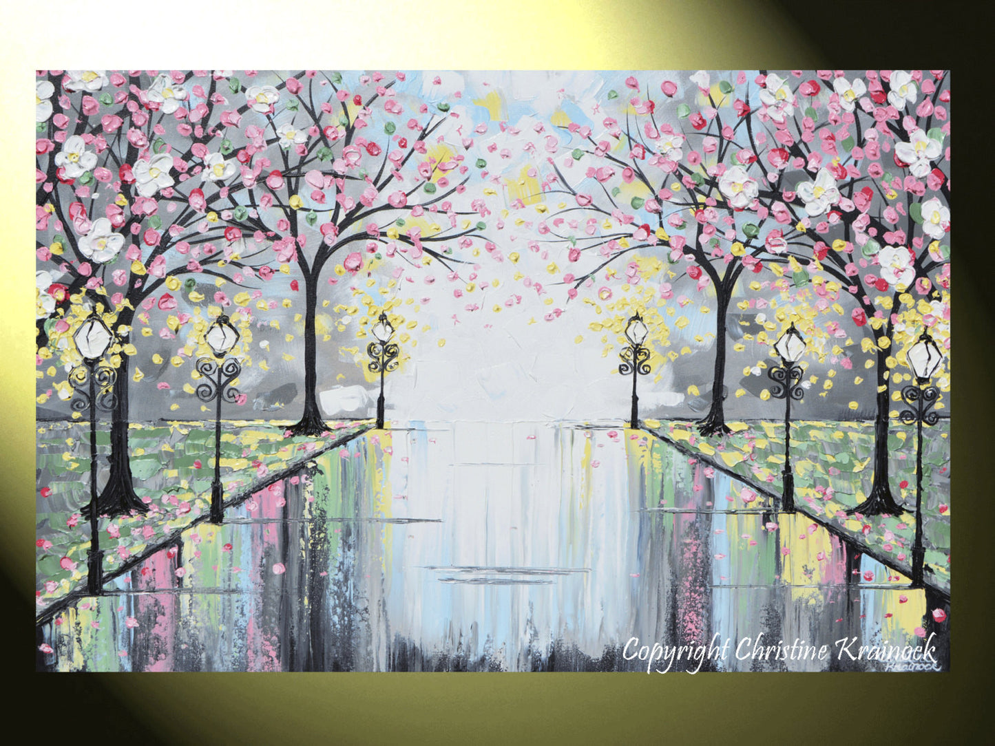 GICLEE PRINT Art Abstract Painting Pink Blossoming Cherry Trees Park Flowers Canvas Prints Grey Decor - Christine Krainock Art - Contemporary Art by Christine - 2
