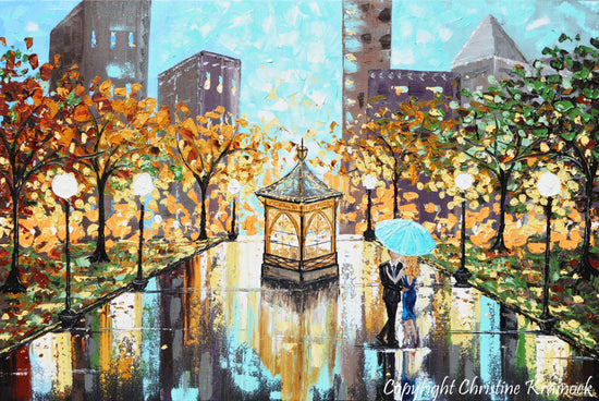 Load image into Gallery viewer, GICLEE PRINT Art Abstract Painting Couple Blue Umbrella City Park Canvas Prints sizes to 60&amp;quot; - Christine Krainock Art - Contemporary Art by Christine - 3
