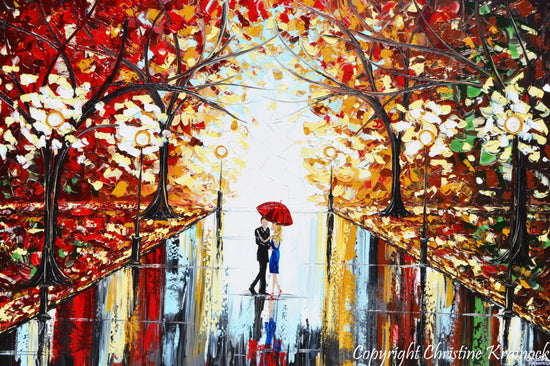 GICLEE PRINT Art Abstract Painting Couple Red Umbrella Dancing Rain City Park Large Canvas Prints - Christine Krainock Art - Contemporary Art by Christine - 1