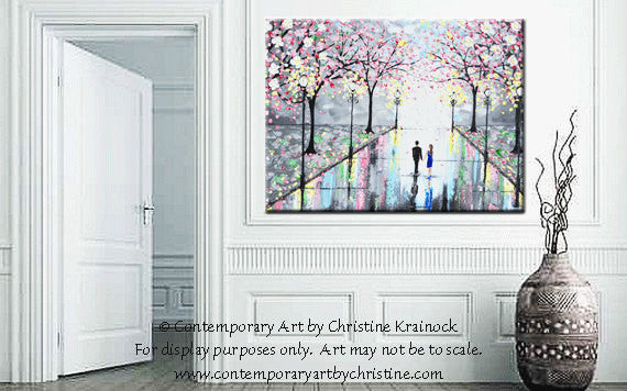 GICLEE PRINT Art Abstract Painting Couple Pink Cherry Trees Blossoms Romantic Canvas Prints Grey - Christine Krainock Art - Contemporary Art by Christine - 4