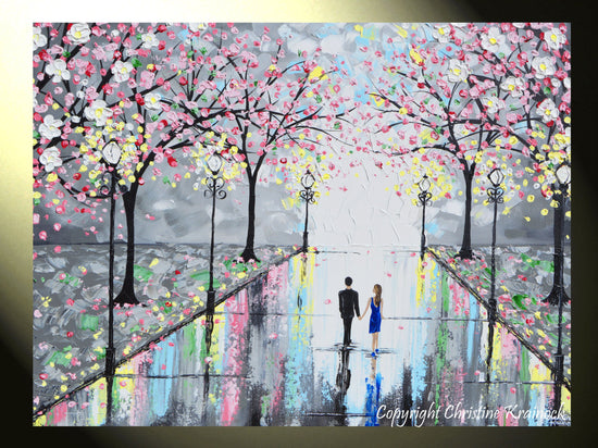 GICLEE PRINT Art Abstract Painting Couple Pink Cherry Trees Blossoms Romantic Canvas Prints Grey - Christine Krainock Art - Contemporary Art by Christine - 2