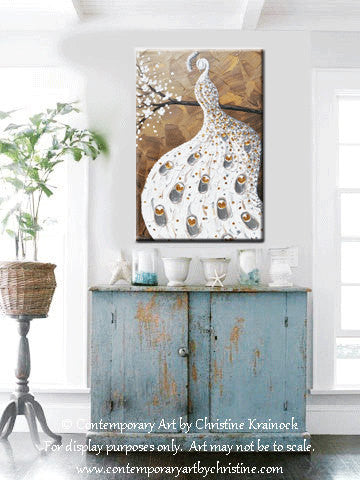 GICLEE PRINT Art White Peacock Painting Abstract Large Canvas Prints Blossoms Brown Silver Gold - Christine Krainock Art - Contemporary Art by Christine - 2