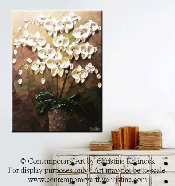 Load image into Gallery viewer, SOLD ORIGINAL Art Abstract Painting Orchids White Flowers Textured Modern Brown Taupe Green Wall Art Wall Decor  Christine Krainock - Christine Krainock Art - Contemporary Art by Christine - 4
