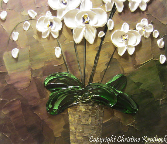 SOLD ORIGINAL Art Abstract Painting Orchids White Flowers Textured Modern Brown Taupe Green Wall Art Wall Decor  Christine Krainock - Christine Krainock Art - Contemporary Art by Christine - 3