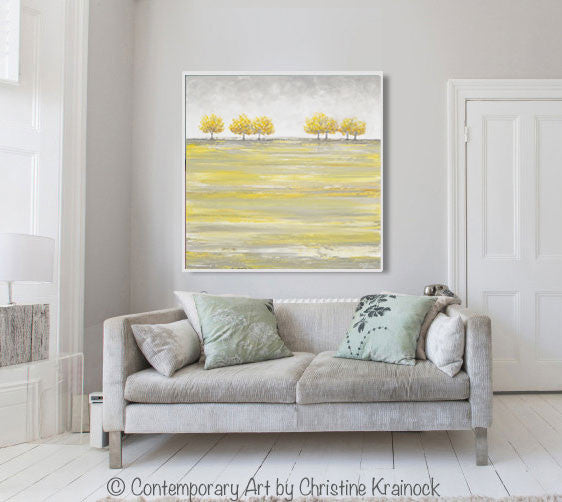 Load image into Gallery viewer, ORIGINAL Art Abstract Yellow Grey Painting Gold Tree Landscape Textured Palette Knife Wall Decor - Christine Krainock Art - Contemporary Art by Christine - 4

